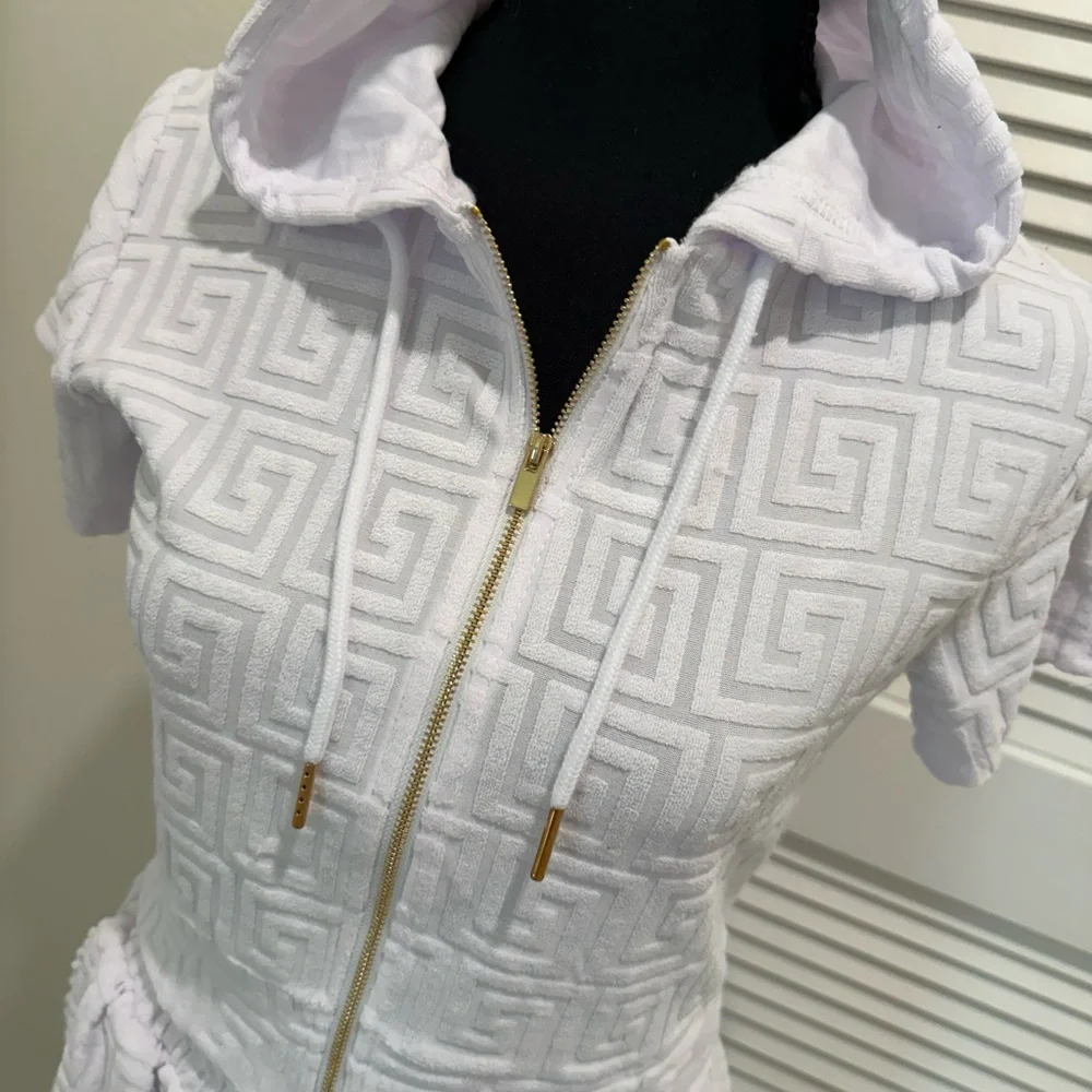 2 piece White Hooded short set with Gold Accents - Picture 7 of 11